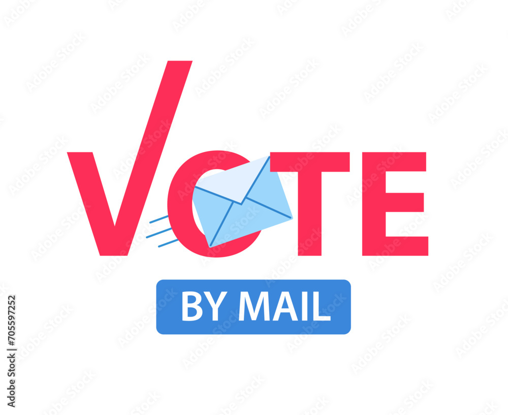 Vote by mail. Icon blue envelope with red word Vote. Vector illustration isolated on white background. Vote by mail. Icon blue envelope with red word Vote. Vector illustration isolated on white background.