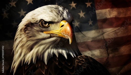 Majestic american bald eagle perched on a grunge american flag with distressed vintage look photo