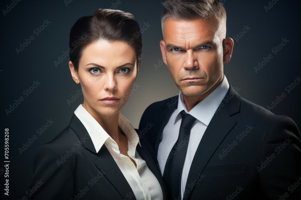 portrait of business people posing together on dark background. businessman and businesswoman portrait of business people posing together on dark background. businessman and businesswoman