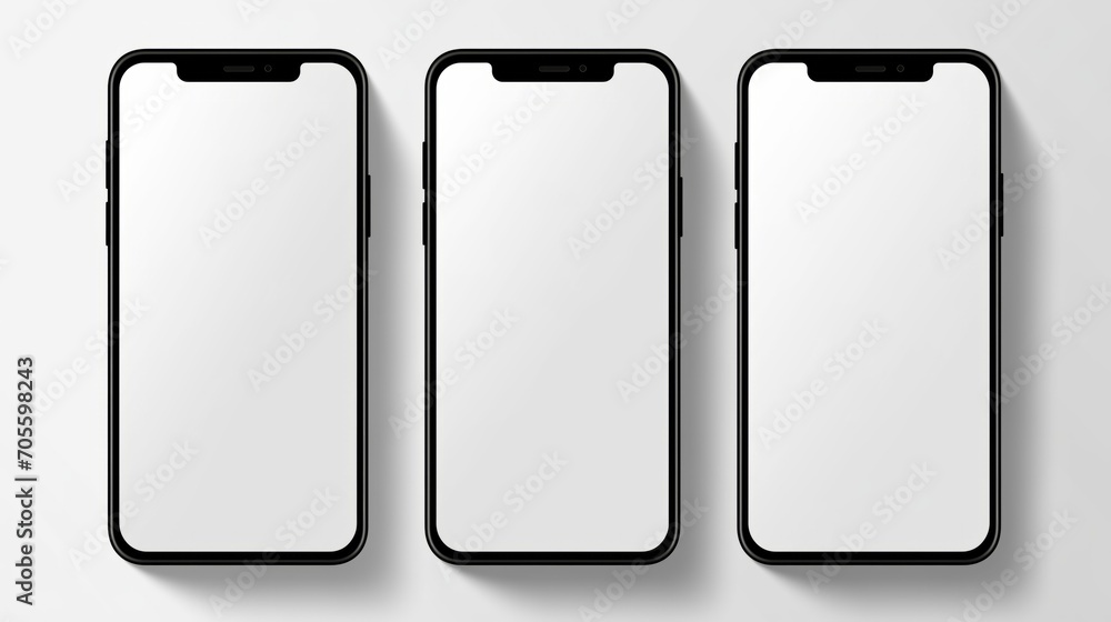 Three Black and White Iphones Aligned Against White Wall Three Black and White Iphones Aligned Against White Wall