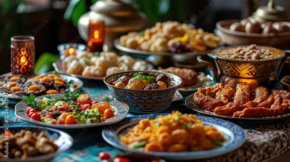 Ramadan kareem Iftar party table with assorted festive traditional Arab dishes.