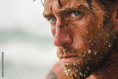 A rugged man with weathered skin and a bushy beard stares out into the vast wilderness, the glistening water droplets on his face a testament to his strength and resilience