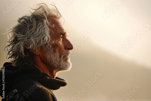 A distinguished man stands proudly against a wall, his white beard and mustache framing his weathered face, a portrait of wisdom and experience