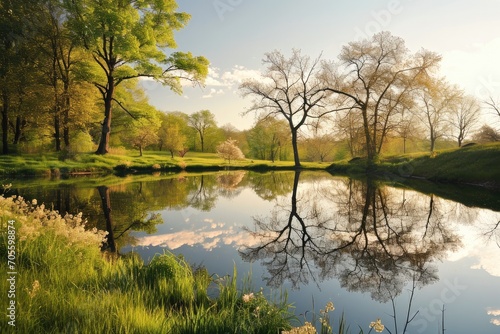 A tranquil oasis of greenery and water, the lush landscape of a freshwater marsh surrounded by riparian forests and a serene pond reflecting the vibrant sky above