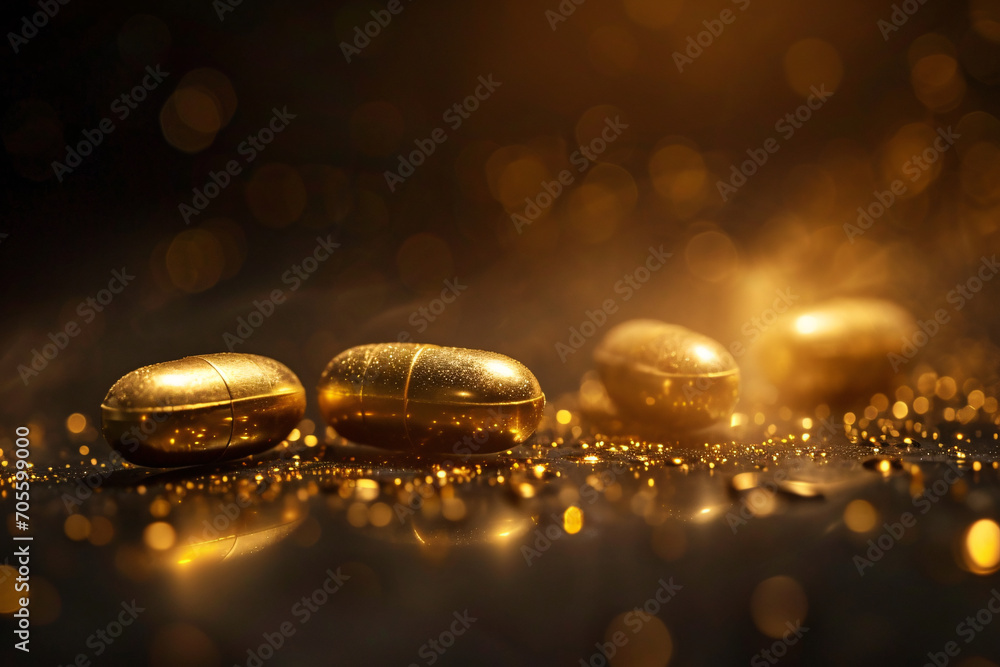 Golden capsule pharmaceutical vitamin D supplement, fish oil. Medical and health concept illustration Golden capsule pharmaceutical vitamin D supplement, fish oil. Medical and health concept illustration
