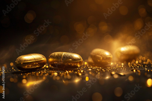 Golden capsule pharmaceutical vitamin D supplement, fish oil. Medical and health concept illustration