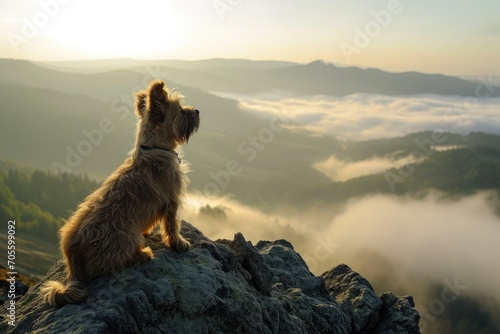 As the fog begins to lift over the majestic mountains, a loyal canine takes a moment to sit on a rock and contemplate the stunning sunrise, surrounded by the peaceful beauty of nature and the ever-ch