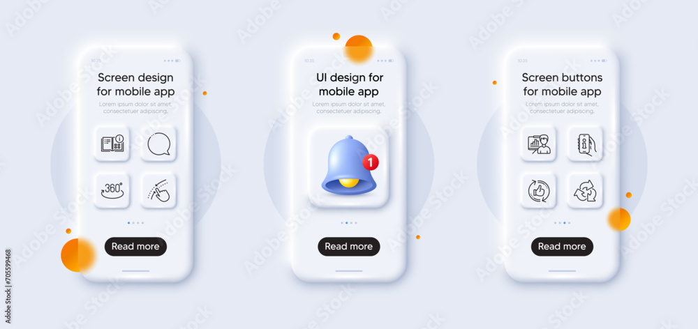 Presentation board, Speech bubble and Refresh like line icons pack. 3d phone mockups with bell alert. Glass smartphone screen. Support, Swipe up, Instruction info web icon. Vector Presentation board, Speech bubble and Refresh like line icons pack. 3d phone mockups with bell alert. Glass smartphone screen. Support, Swipe up, Instruction info web icon. Vector