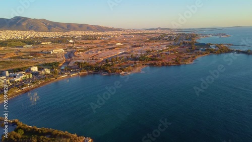 Panorama Of The Mediterranean Coastline In The Athens Riviera. Aerial Drone Shot photo