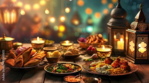 Ramadan kareem Iftar party table with assorted festive traditional Arab dishes.