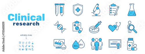 Clinical study, trials,research line icon set. Comparison group, test person,syringe, pills, microscope,test tubes, dna, test, prescription, Rh factor, blood vector illustration. Editable Stroke.