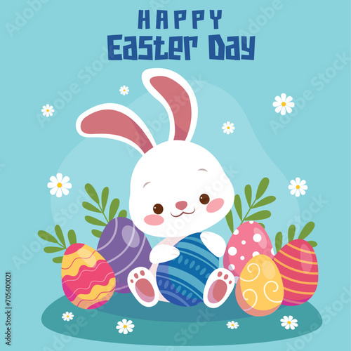 Easter Rabbit Easter Bunny Happy Easter Greeting Poster 
Easter design, hand painted strokes, flowers rabbit and dots, eggs, bunny ears, in pastel colors. cute Minimal design