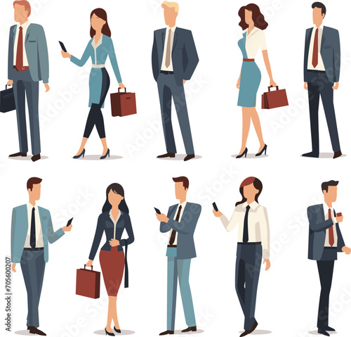 Diverse group of professional men and women standing with smartphones. Business attire, office workers communicating via mobile devices vector illustration.
