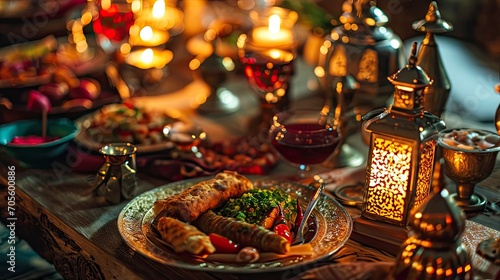 Ramadan kareem Iftar party table with assorted festive traditional Arab dishes.