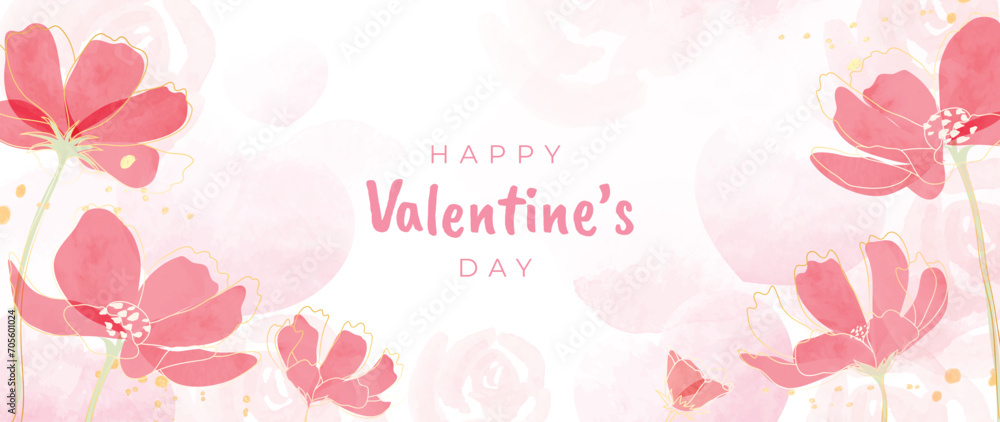 Happy Valentine's day watercolor vector background. Luxury flower wallpaper design with rose, wild flower, gold line, heart. Elegant botanical illustration suitable for greeting card, print, cover.