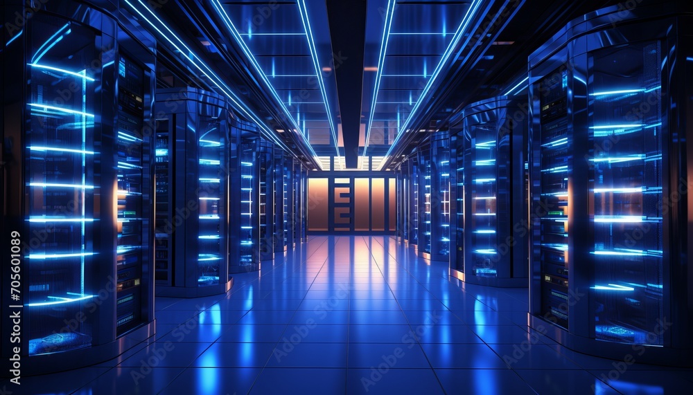 State of the art data center with organized server racks emitting captivating blue glow
