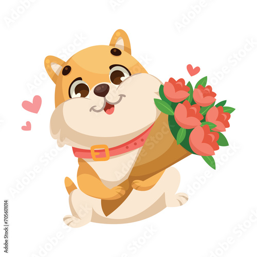Cute Dog Cub with Flower Bouquet and Heart for Valentine Day Vector Illustration