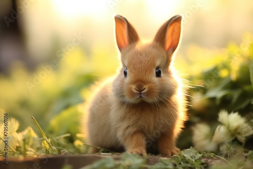 Cute little rabbit on green grass with natural bokeh as background during spring. Young adorable bunny playing in garden. Lovrely pet at park © Tisha