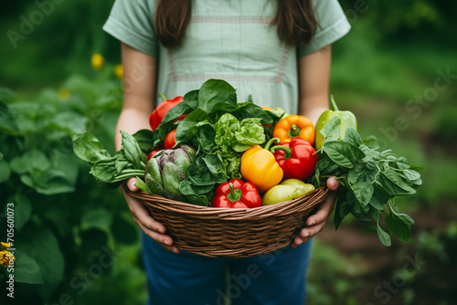 Female Farmer's Hands Holding a Basket of Fresh Vegetables © imagemir