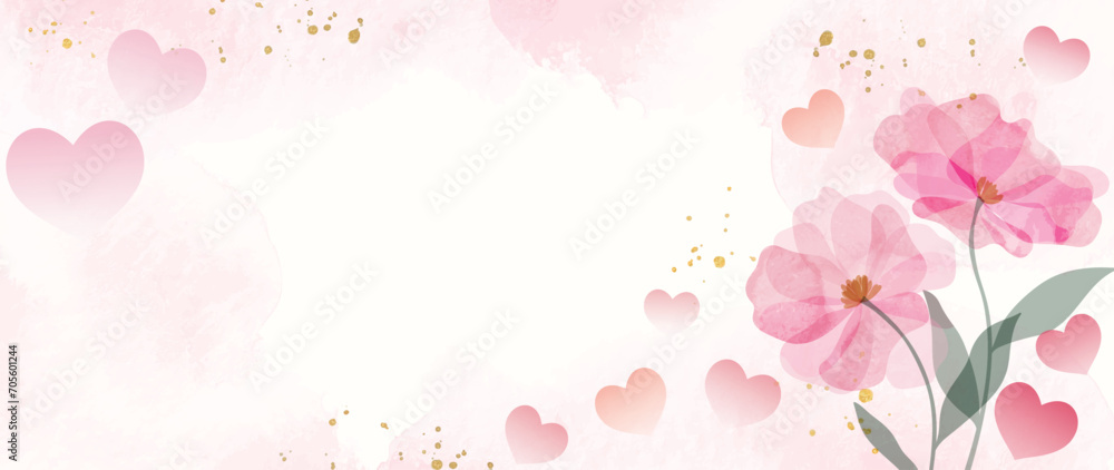 Happy Valentine's day watercolor vector background. Luxury flower wallpaper design with wild flower, line art , heart. Elegant gold botanical illustration suitable for greeting card, print, cover.