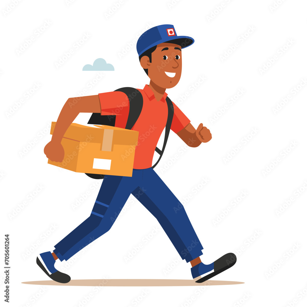 A smiling delivery man is holding a large package with clouds in the background in the vector illustration. A smiling delivery man is holding a large package with clouds in the background in the vector illustration.