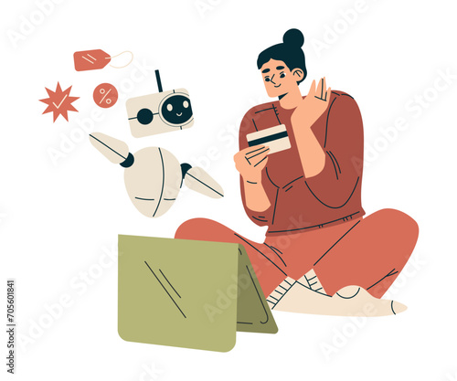 Artificial Intelligence with Woman Character Pay with Chatbot Vector Illustration