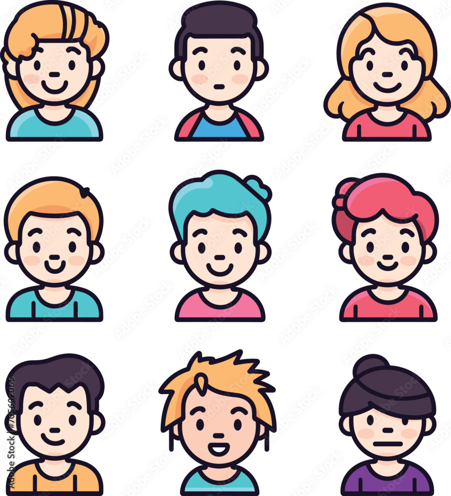 A collection of nine colorful cartoon avatars representing diverse people in a vector illustration. A collection of nine colorful cartoon avatars representing diverse people in a vector illustration.