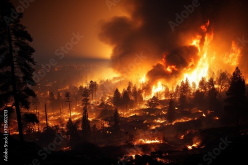 Wildfire forest fire burning down a town, climate change