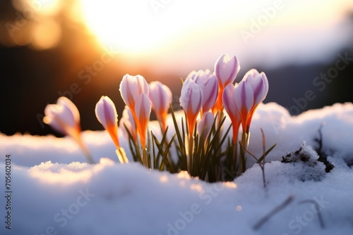 Beautiful crocuses growing through snow, space for text. First spring flowers