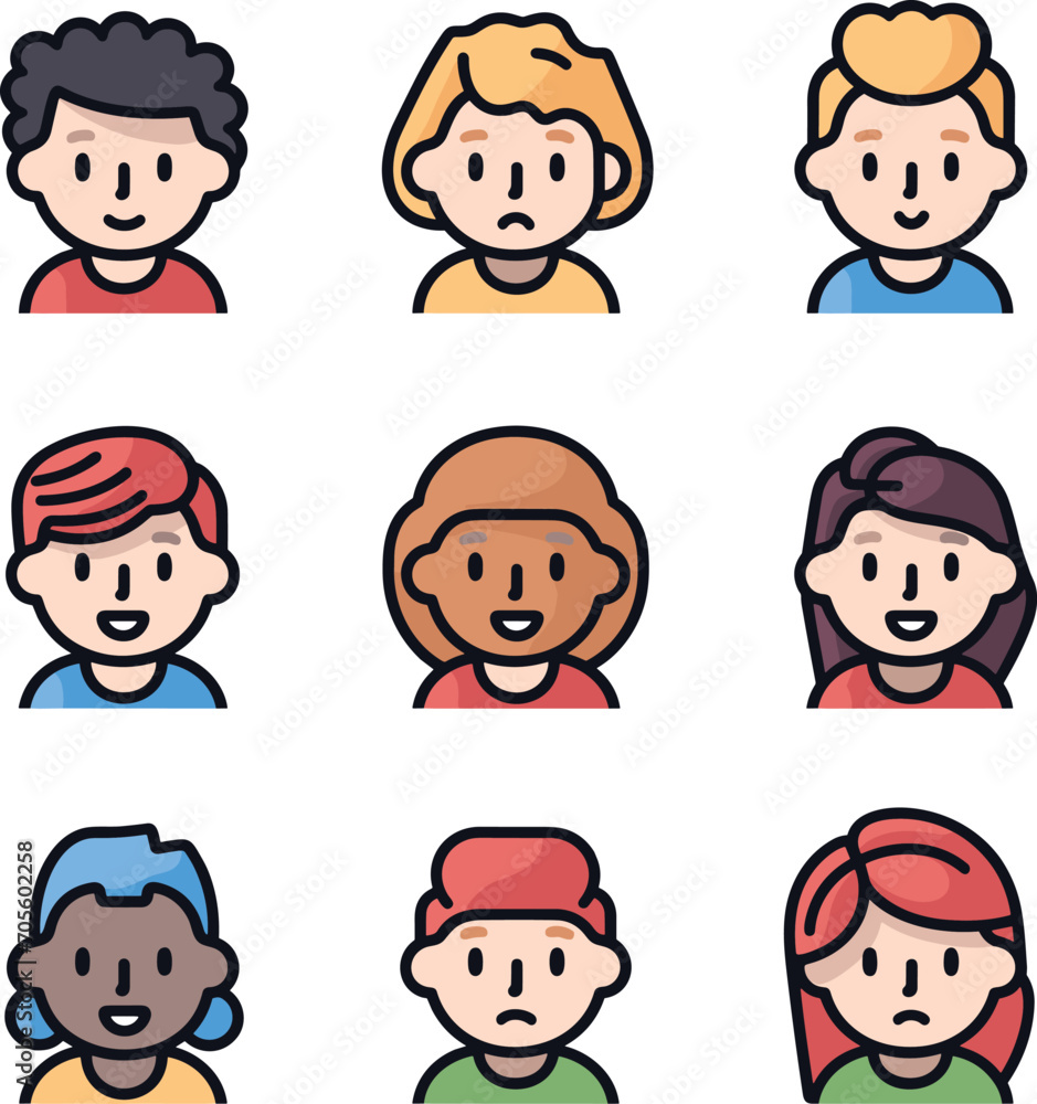 A collection of nine colorful cartoon avatars representing diverse people in a vector illustration. A collection of nine colorful cartoon avatars representing diverse people in a vector illustration.