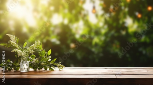 Empty rustic bar restaurant wooden table space platform with defocused blurry green foliage cafe interior sunny weather autumn summer spring warm cozy house with panoramic city windows. © Tisha