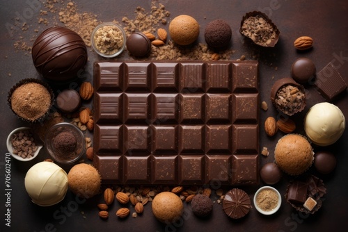 Top view of various types of chocolate on a black background.