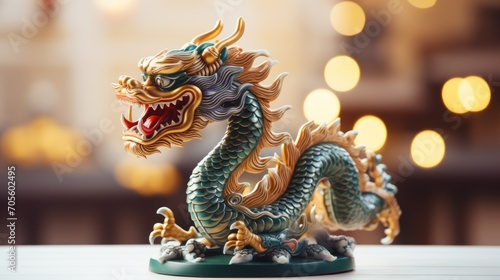 Traditional chinese dragon on festive golden bokeh background. Statuette of a green wooden dragon, 2024 New Year symbol. Chinese New Year, Christmas, winter holidays postcard. Green wooden dragon 2024 © Tisha