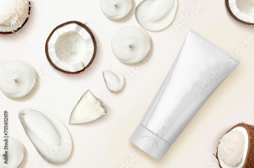 Coconut cream and face wash smudge drop with tube. Cleansing facial scrub, wash, serum, shower gel or liquid soap drops.