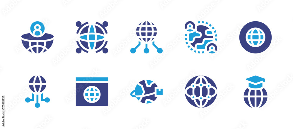 Global icon set. Duotone color. Vector illustration. Containing global, global server, internet, global delivery, global education, global network, global research, global communication.