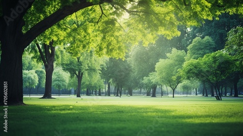Serene Green Park Landscape with Blurry Trees, Creating a Fresh and Peaceful Outdoor Atmosphere Ideal for Summer and Spring Scenes