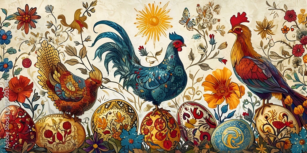 Obraz premium Colorful Roosters and Intricate Flowers Artwork