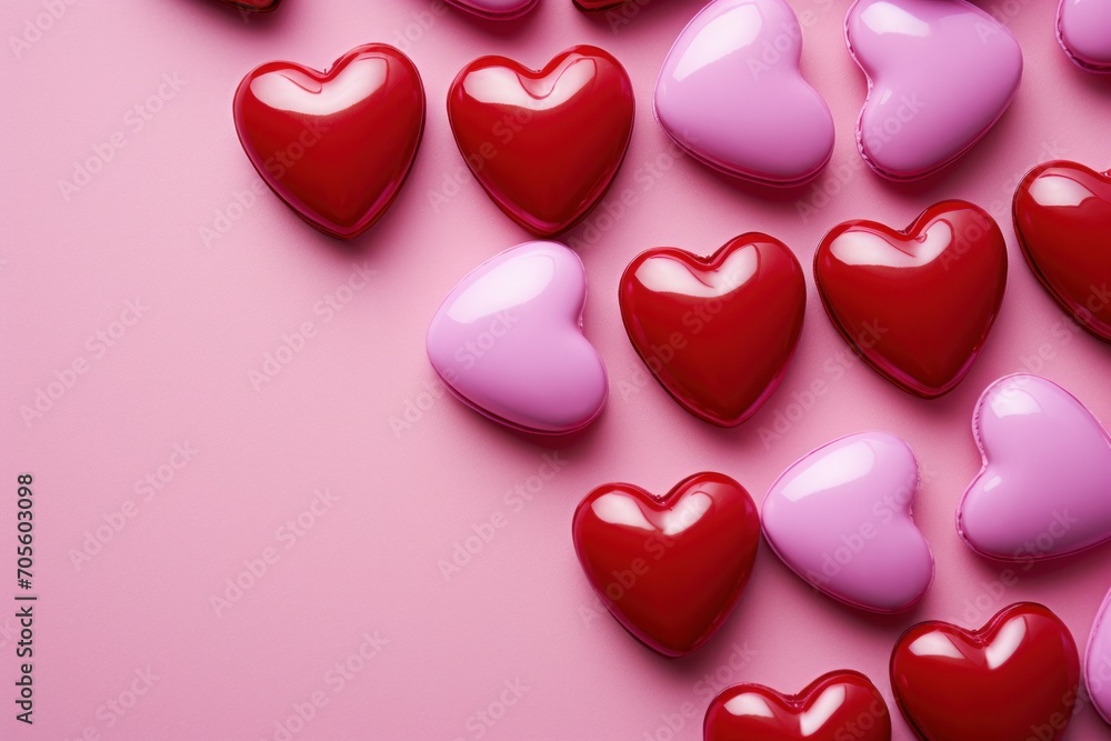 Heart-shaped candies on pink background