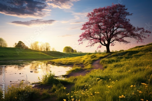 Perfect spring scene and morning meadow near the river with alone tree on the shore.