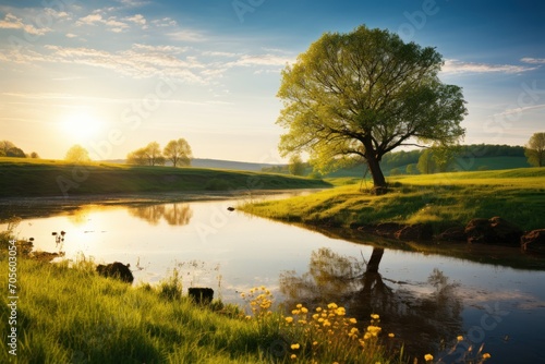 Perfect spring scene and morning meadow near the river with alone tree on the shore.