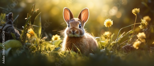 Small rabbit in the grass on a sunny morning, concept of spring and Easter