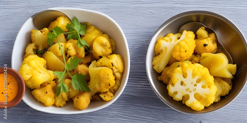 Aloo gobi: Cauliflower with potatoes sautéed with garam masala, turmeric, sometimes kalonji and curry leaves on the wooden table top view with copy space Aloo gobi: Cauliflower with potatoes sautéed with garam masala, turmeric, sometimes kalonji and curry leaves on the wooden table top view with copy space