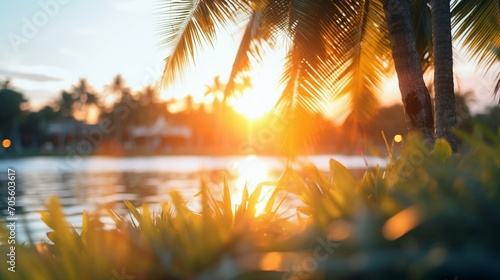 Serene Tropical Beach Scene with Lush Greenery and Soft Blur Bokeh - Ideal Vacation Paradise Under the Sunlight