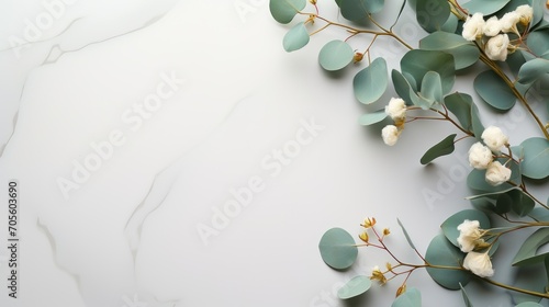 Eucalyptus branches on pastel gray background with copy space Top view . Mockup image