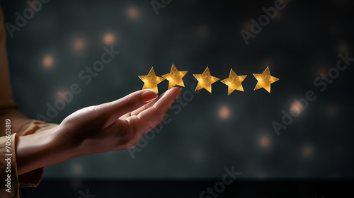 Women hand showing on star. Excellent rating. ai generative