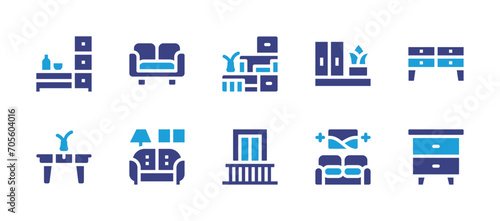 Home furniture icon set. Duotone color. Vector illustration. Containing sofa, cabinet, table, living room, nightstand, shelves, balcony, shelf.