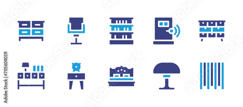 Home furniture icon set. Duotone color. Vector illustration. Containing dresser, chest of drawers, door, drawer, curtains, lamp, chair, nightstand, library, bed.