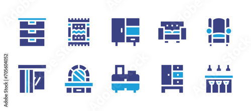 Home furniture icon set. Duotone color. Vector illustration. Containing sofa, closet, cupboard, chest of drawers, drawer, armchair, smart curtain, dinning room, carpet, dressing table.