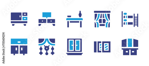 Home furniture icon set. Duotone color. Vector illustration. Containing furniture, bunk bed, cabinet, hood, window, table, tv table, decoration.