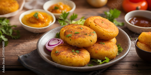 Aloo tikki: Patties of potato mixed with some vegetables fried on the wooden table with bokeh lights background with copy space